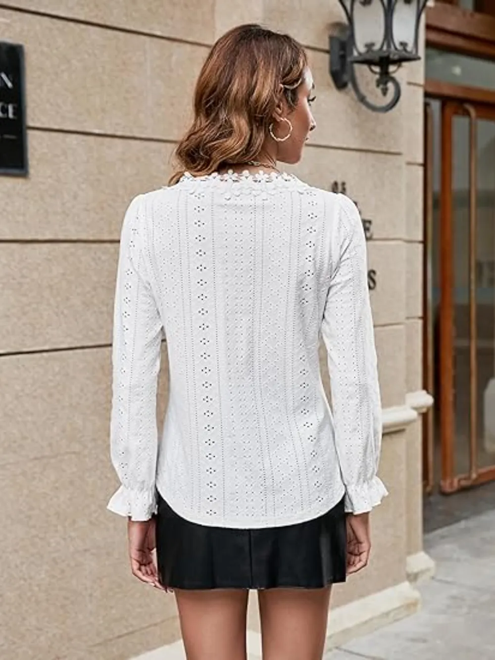 Lace Detail Eyelet V-Neck Flounce Sleeve Blouse, image 12