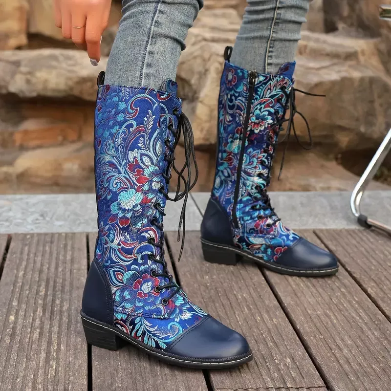 Embroidered Lace-Up Knee High Boots, image 8