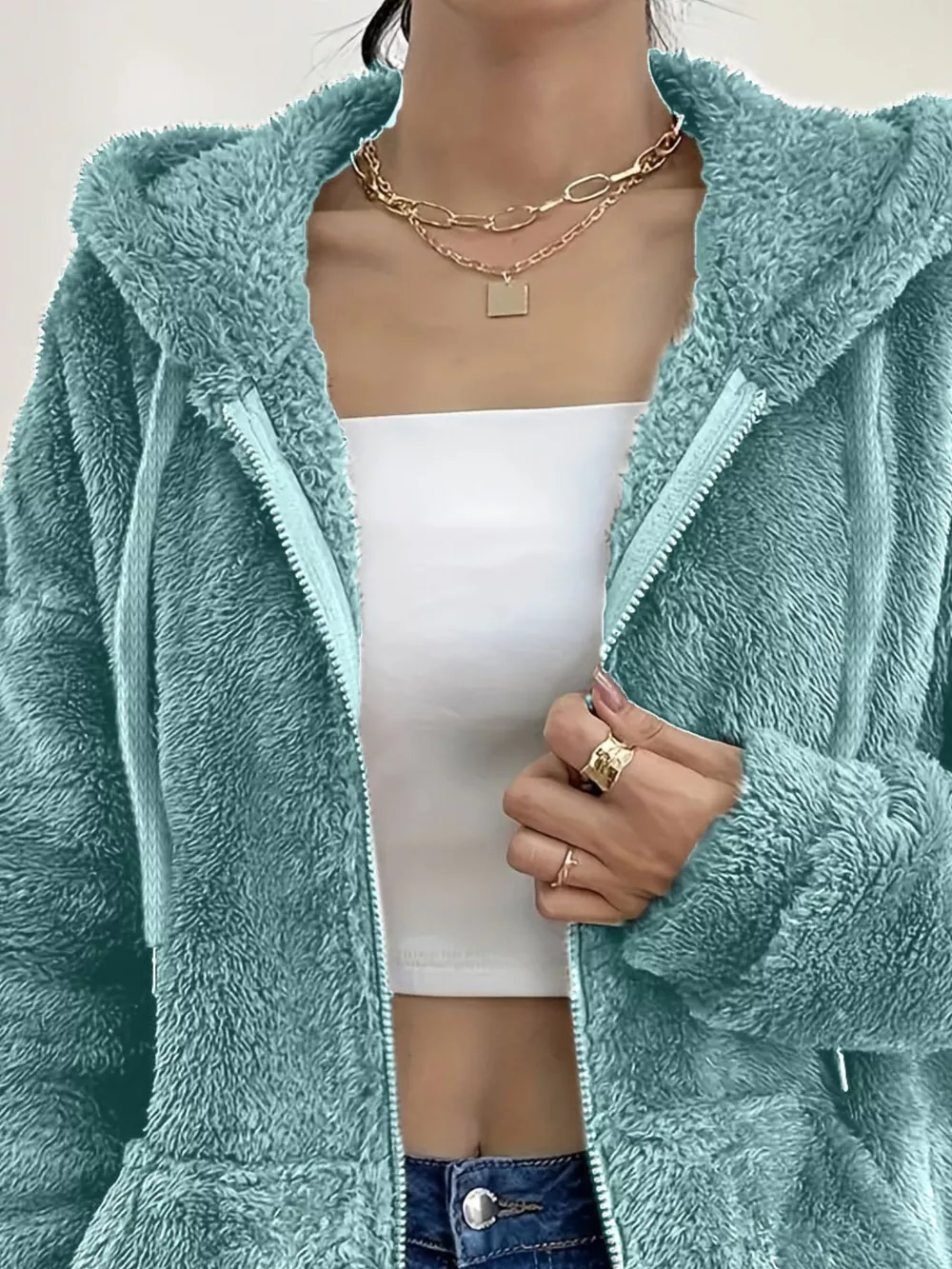 Drawstring Fleece Zip-Up Outerwear, image 20