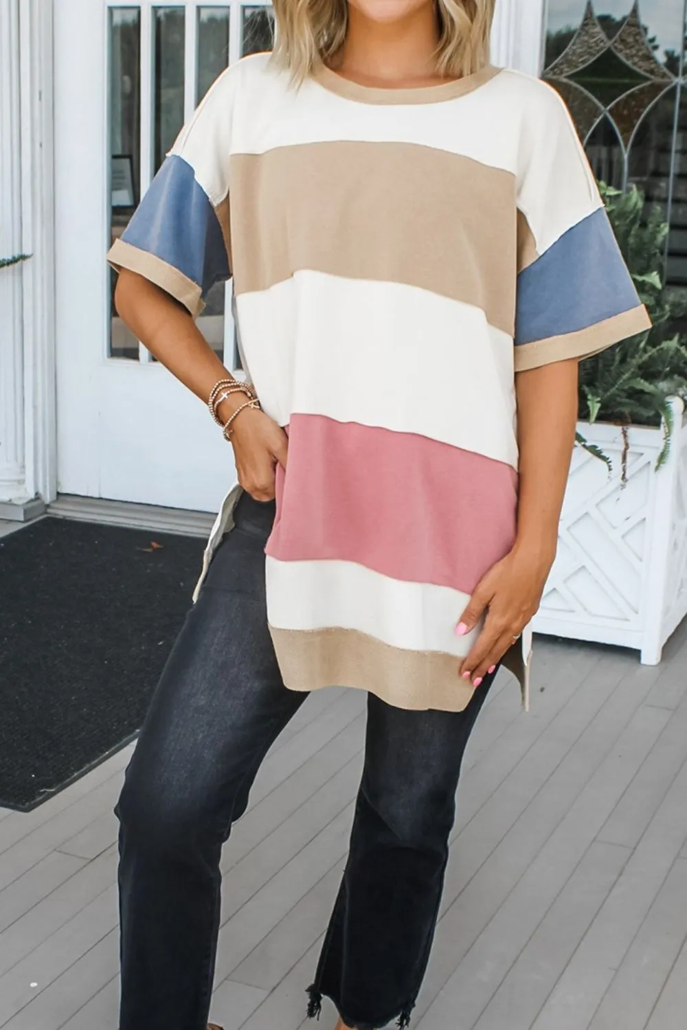 Color Block Patchwork Side Split Tunic T Shirt, image 9
