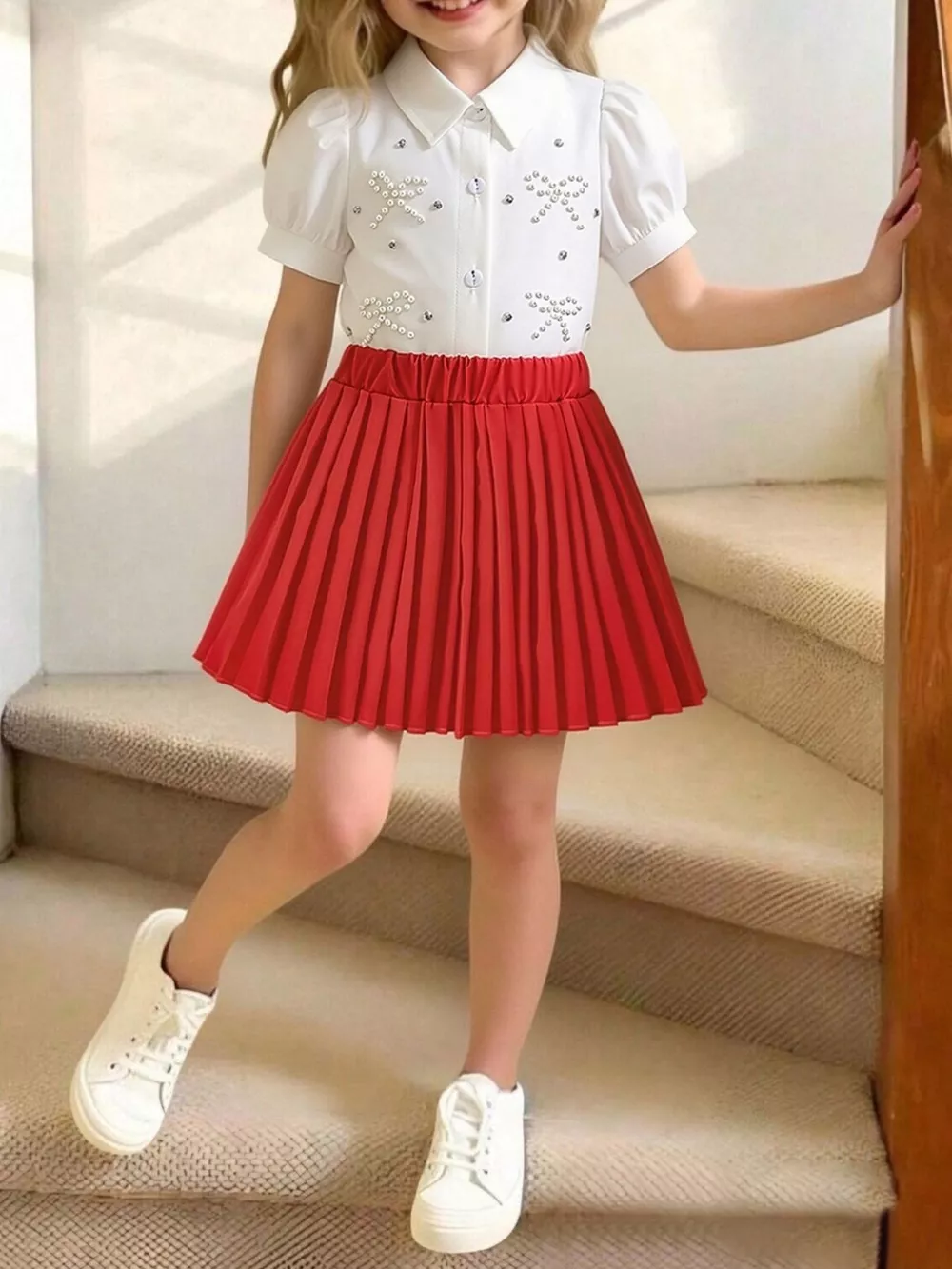 Children's Bow-Embellished Top & Pleated Skirt Set, image 6
