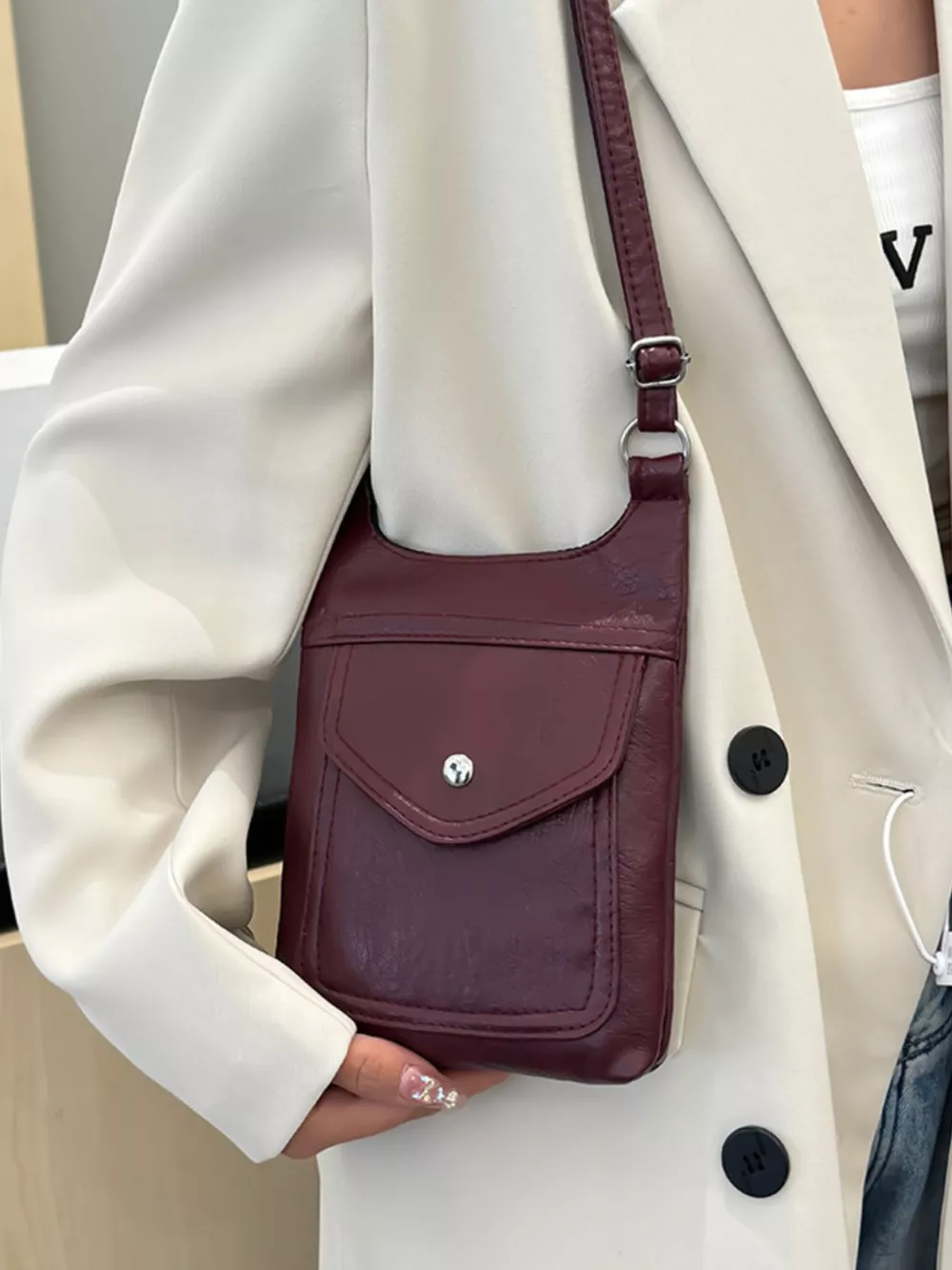 Adjustable Strap Leather Crossbody Bag, image 15