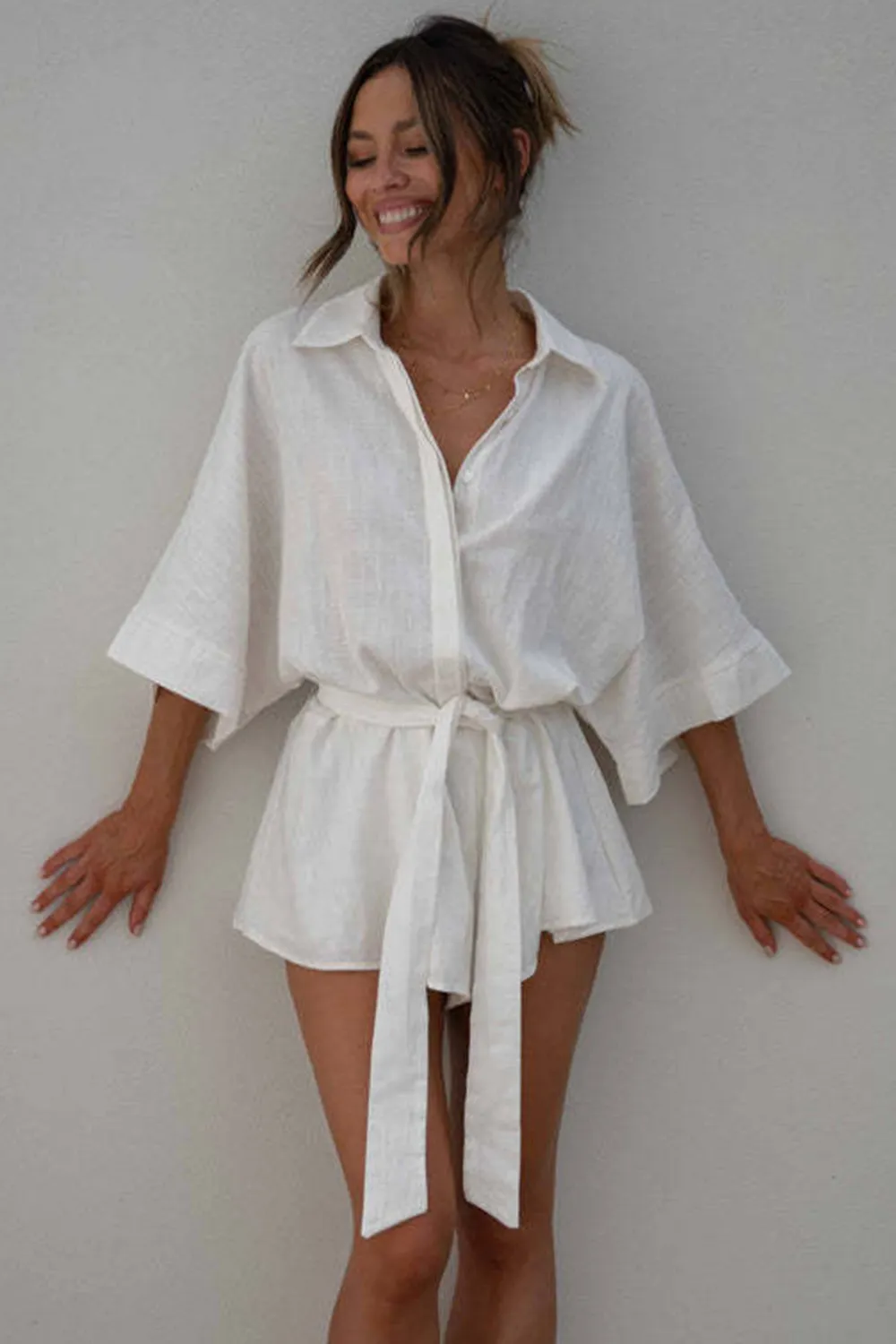 Tied Button Up Collared Neck Romper, image 11