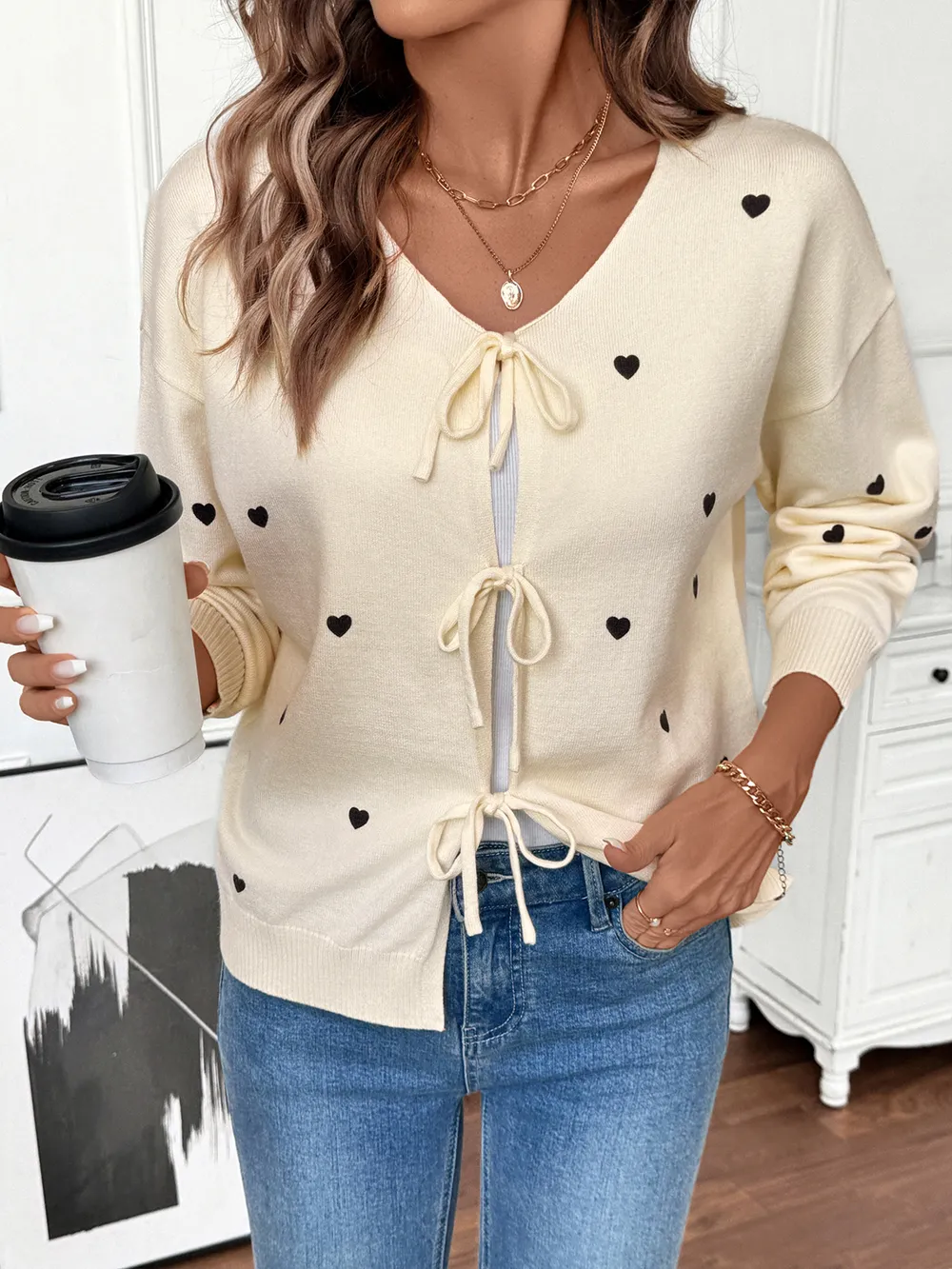 Heart Tie-Front Long Sleeve Cardigan, image 3