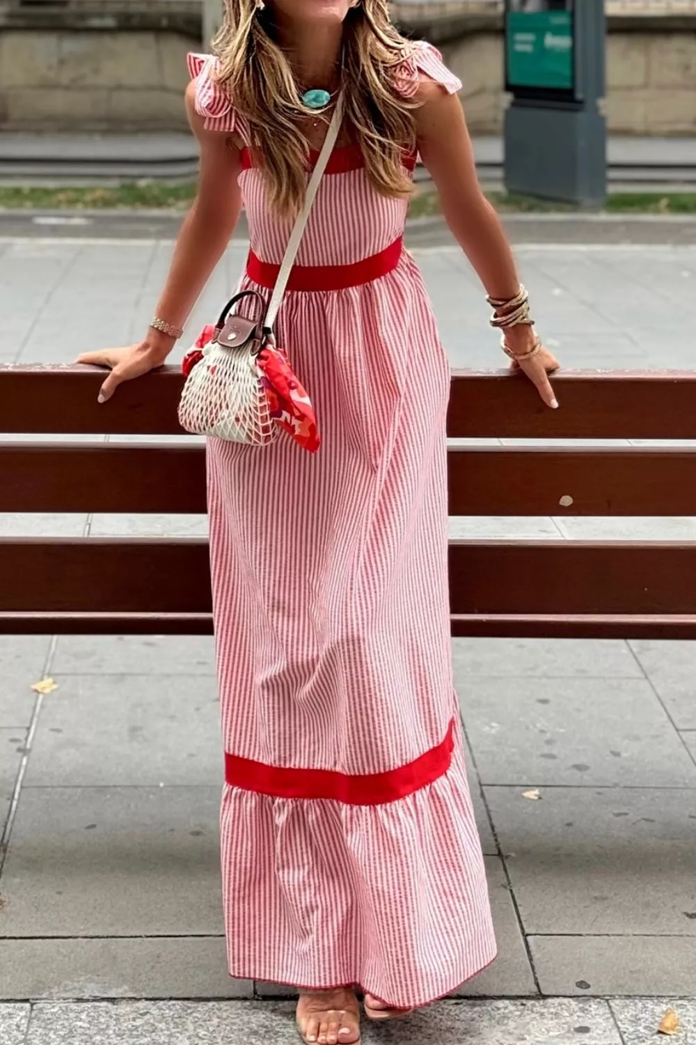 Stripe Bow Knot Straps Contrast Trim High Waist Ruffle Hem Maxi Dress, image 2