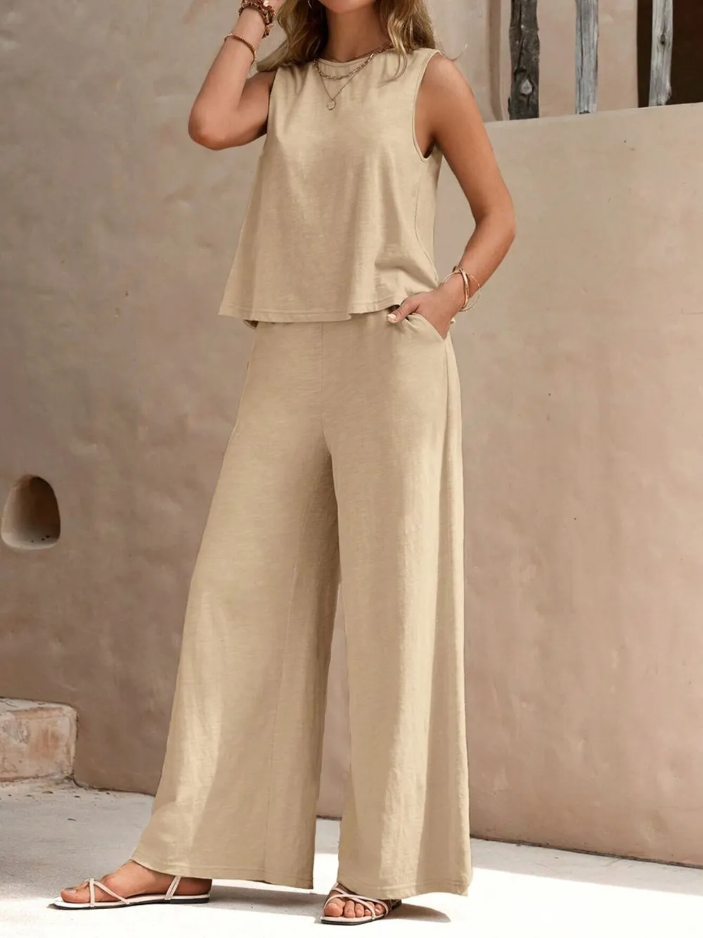 Round Neck Sleeveless Top and Wide Leg Pants Set, image 11