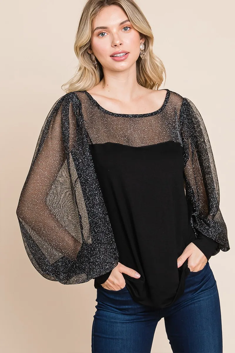 Full Size Metallic Mesh Lantern Sleeve Blouse, image 5