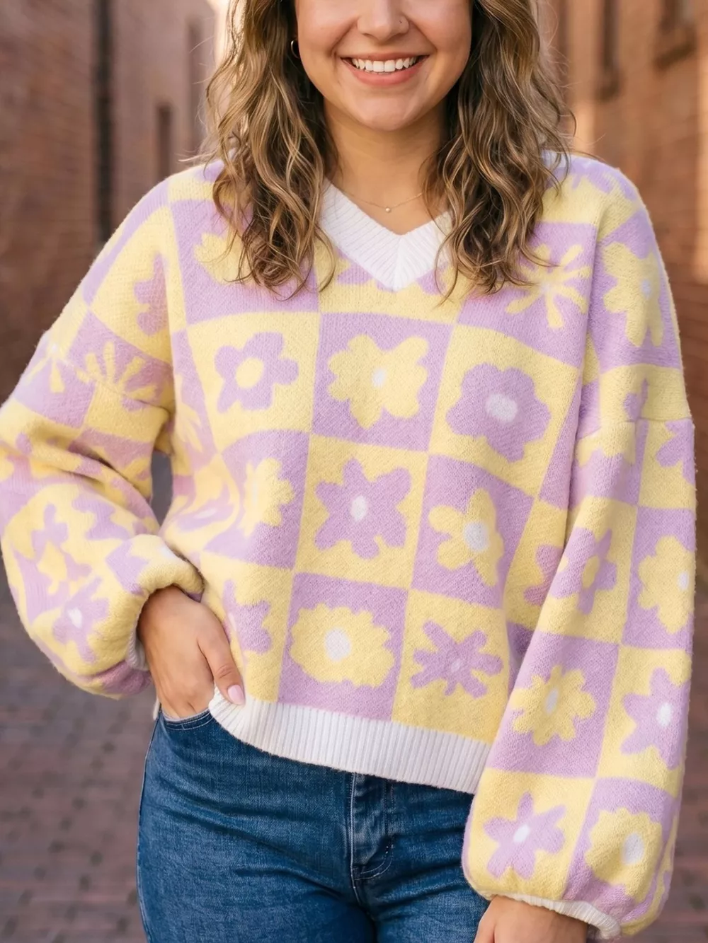 Plus Size Multicolour V Neck Plaid Floral Long Sleeve Sweater
