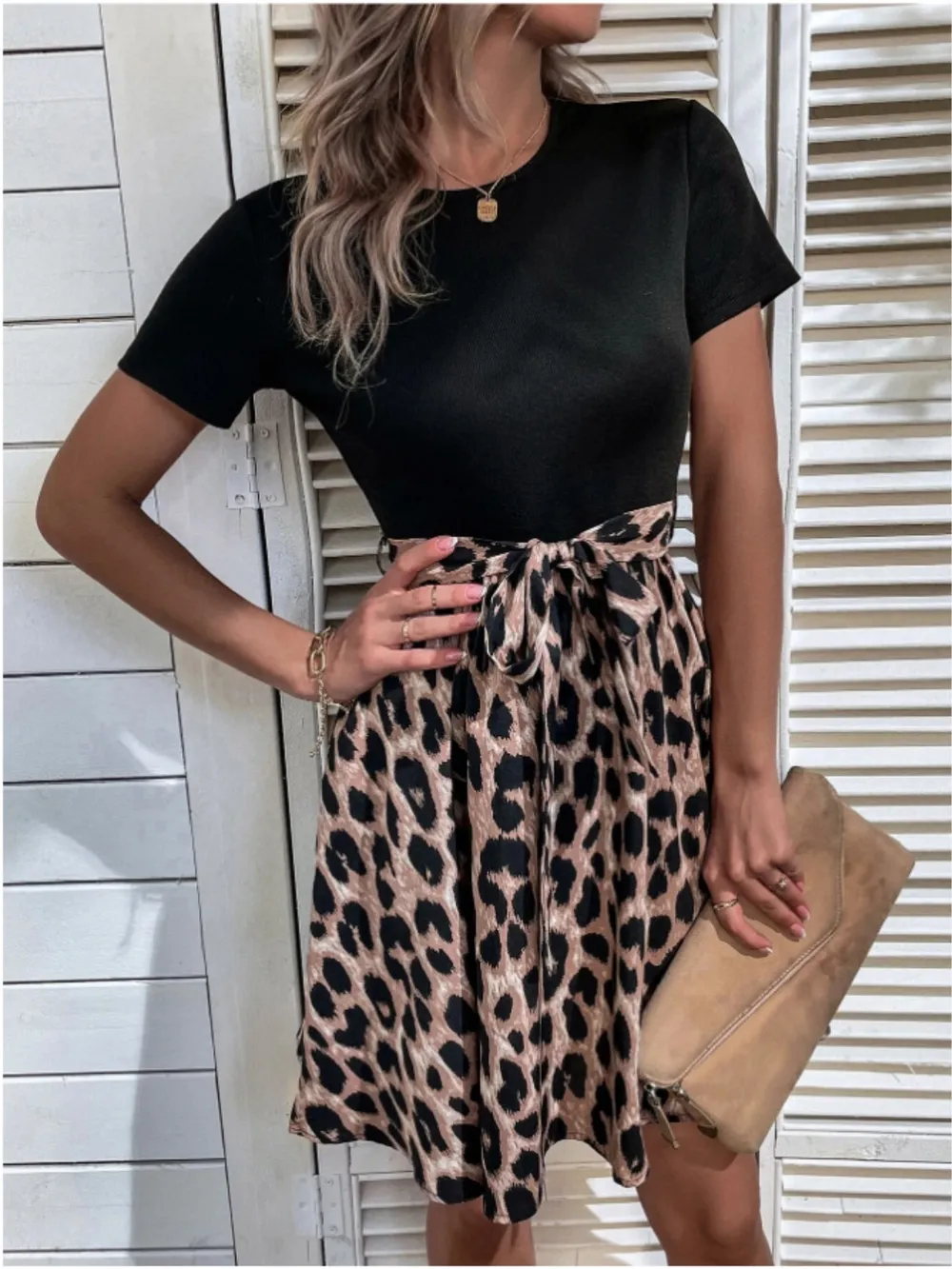 Tied Front Contrast Leopard Short Sleeve Mini Dress, image 9