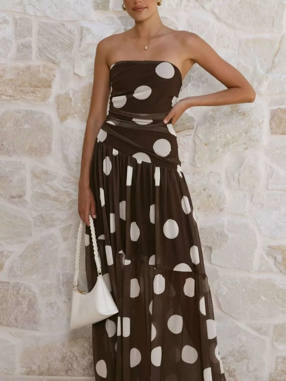 Polka Dot Strapless Ruched Maxi Dress, image 12