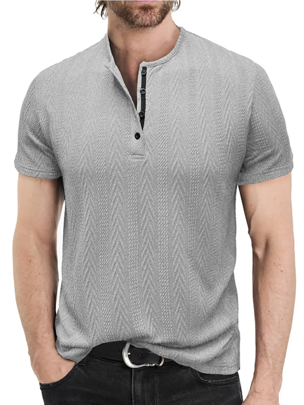 Men's Textured Chevron Pattern Henley Polo Shirt, image 5