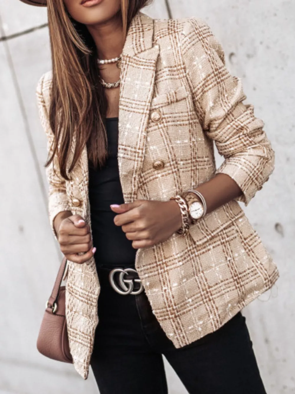 Full Size Plaid Tweed Double-Breasted Blazer Plus Size, image 9