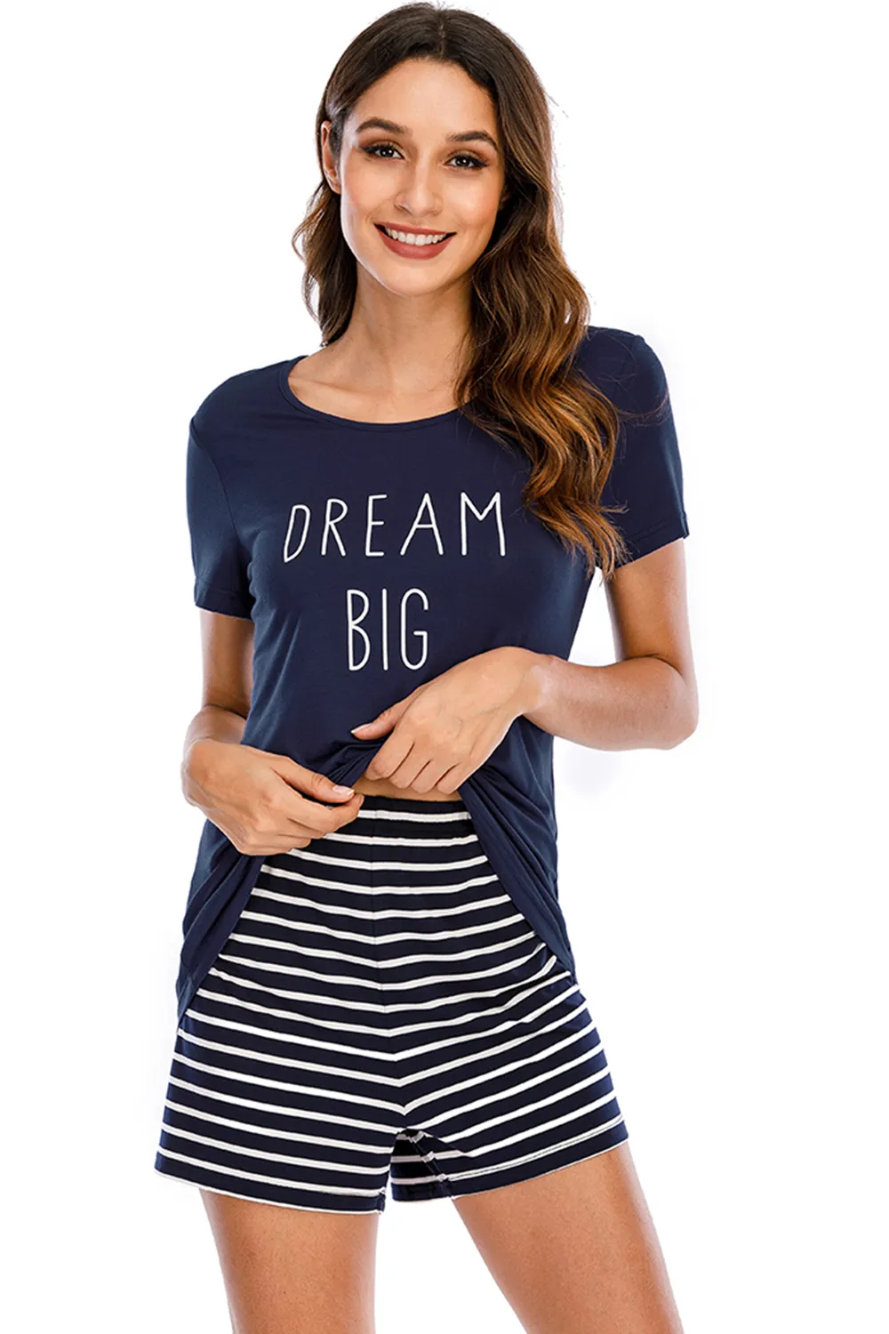 Graphic Round Neck Top and Striped Shorts Lounge Set, image 9