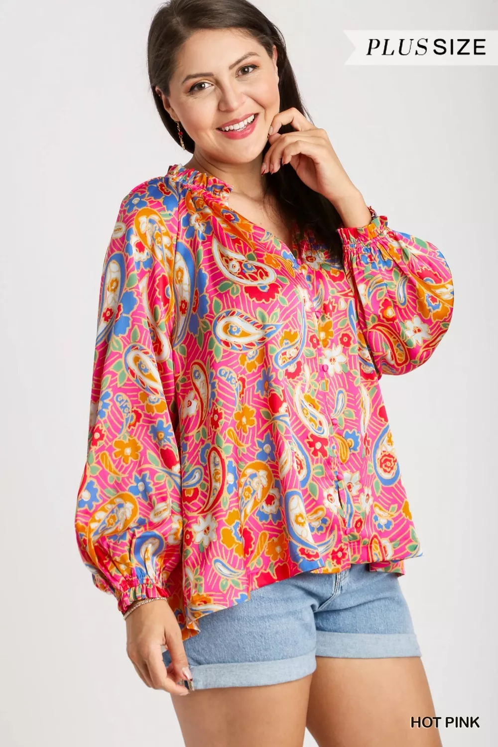 Full Size Satin Paisley Ruffle Neck Button-Up Shirt Plus Size, image 7