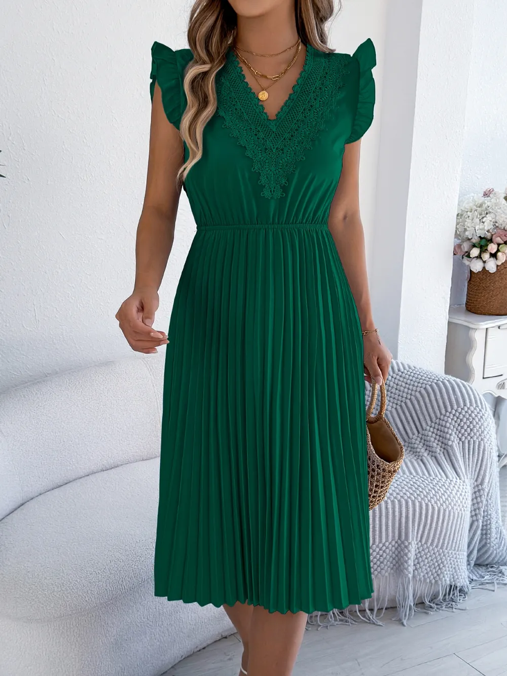 Lace Detail Ruffled Cap Sleeve Pleated Dress, image 14
