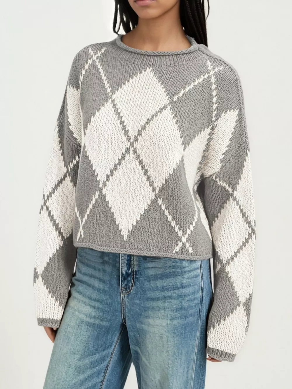 Argyle Pattern Knit Dropped Shoulder Sweater, image 9