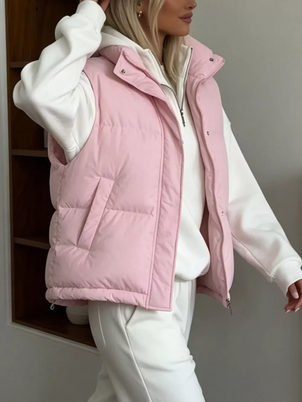 Snap-Button Placket Quilted Puffer Vest Coat, image 4