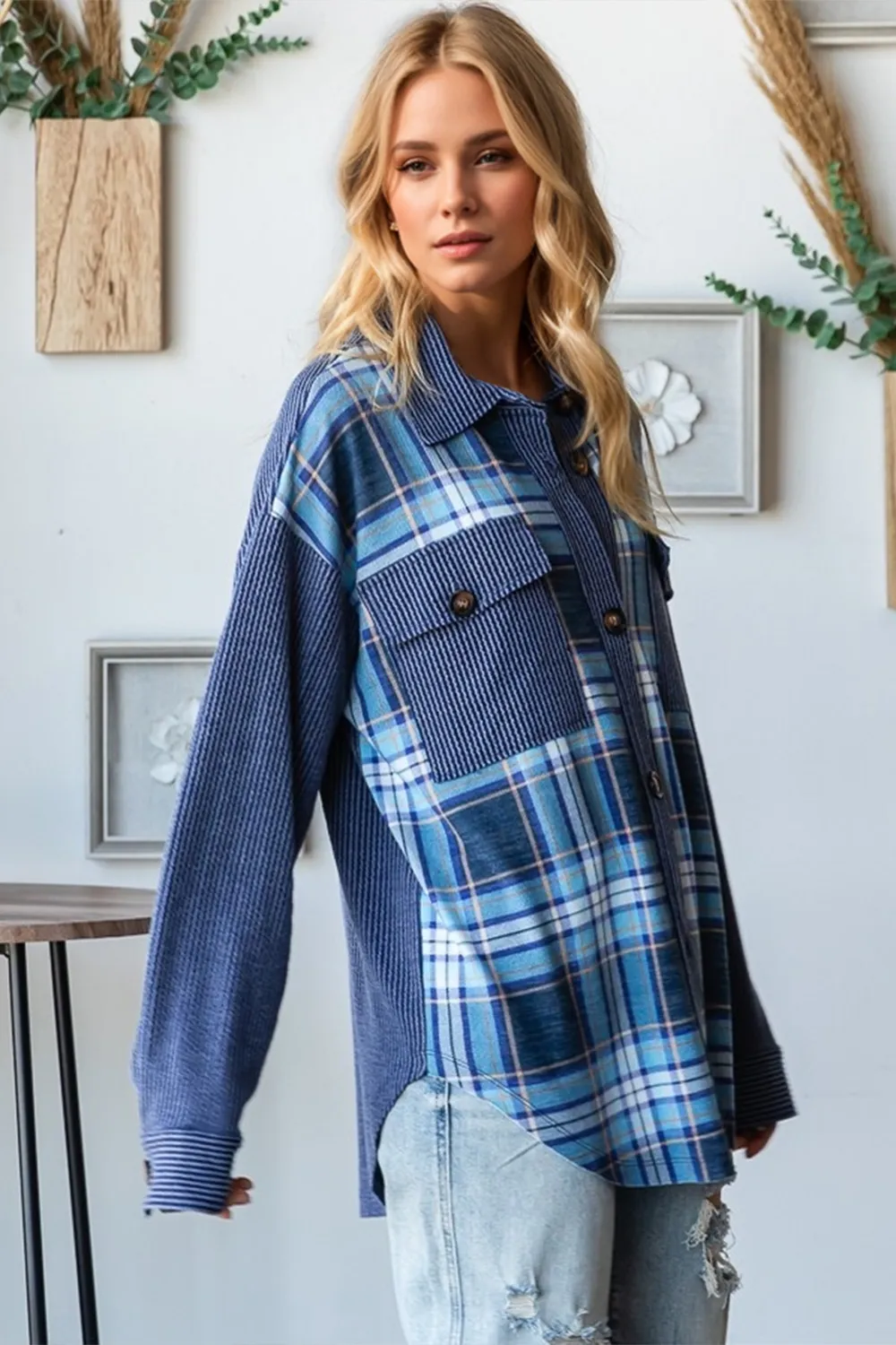 Plaid Button Up Long Sleeve Shacket with Breast Pockets, image 2