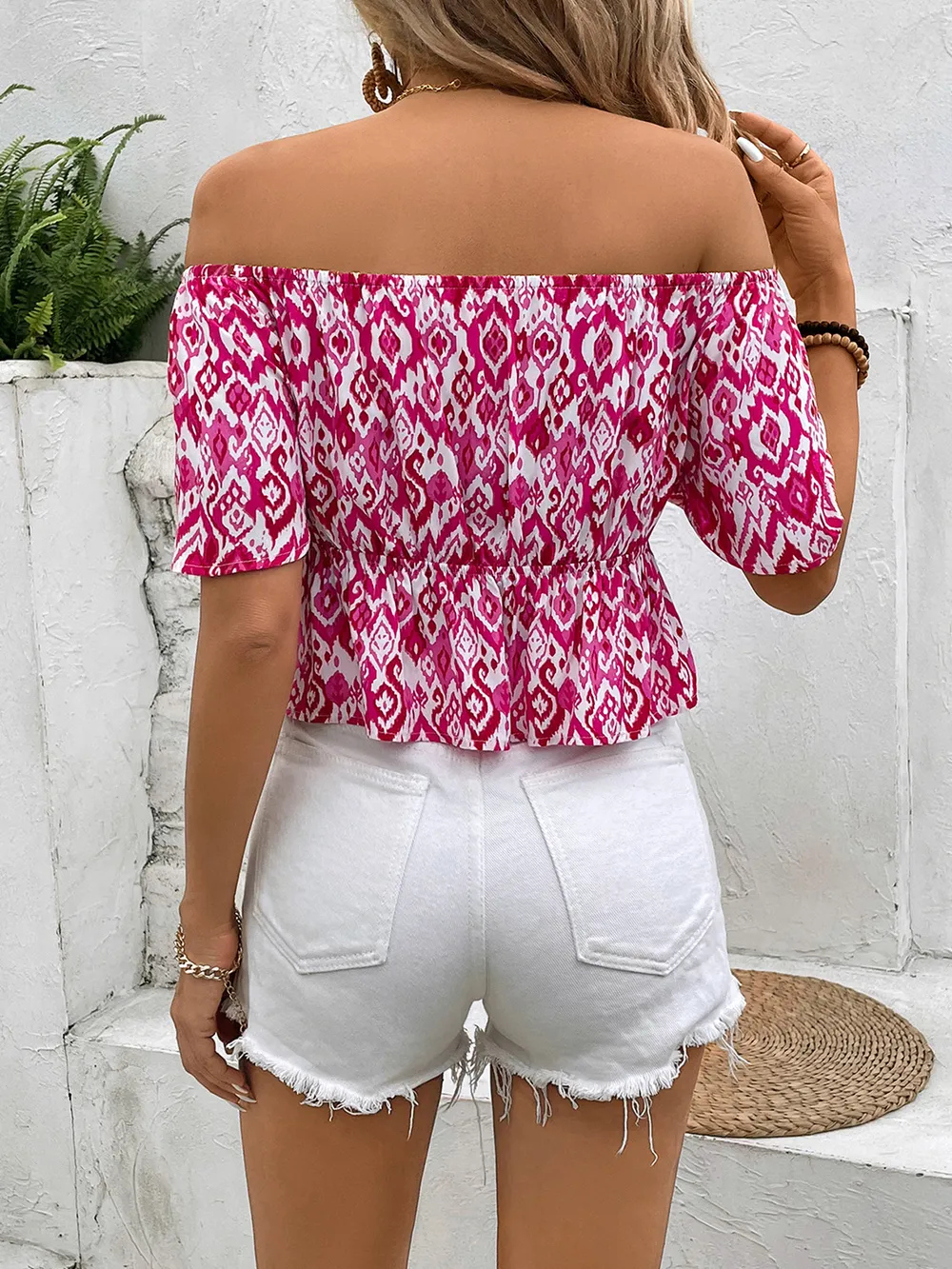 Peplum Printed Off-Shoulder Short Sleeve Blouse, image 2