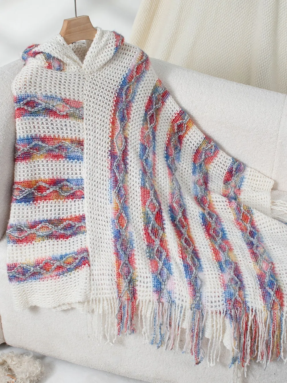 Fringe Contrast Hooded Poncho, image 19