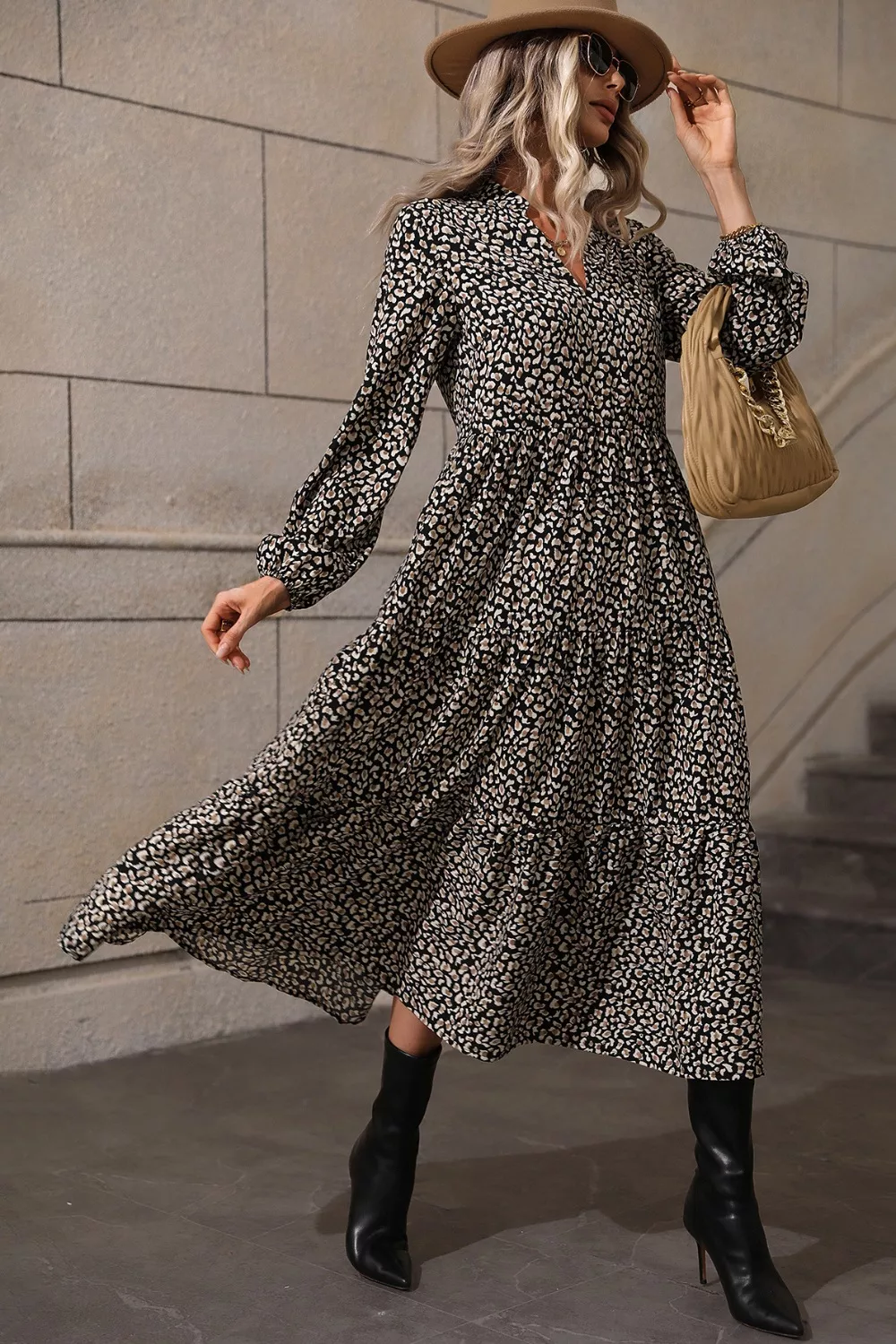 Leopard Notched Balloon Sleeve Dress