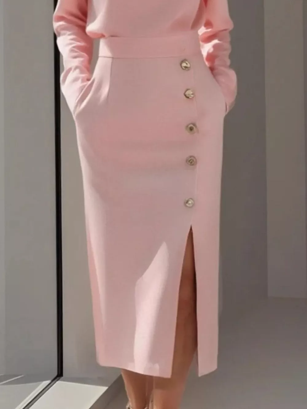 Long Sleeve Button Detail Midi Dress with Side Slit, image 9
