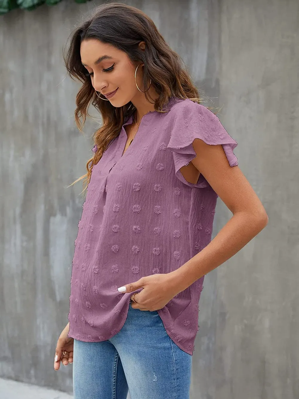 Swiss Dot Notched Flutter Sleeve Blouse, image 27