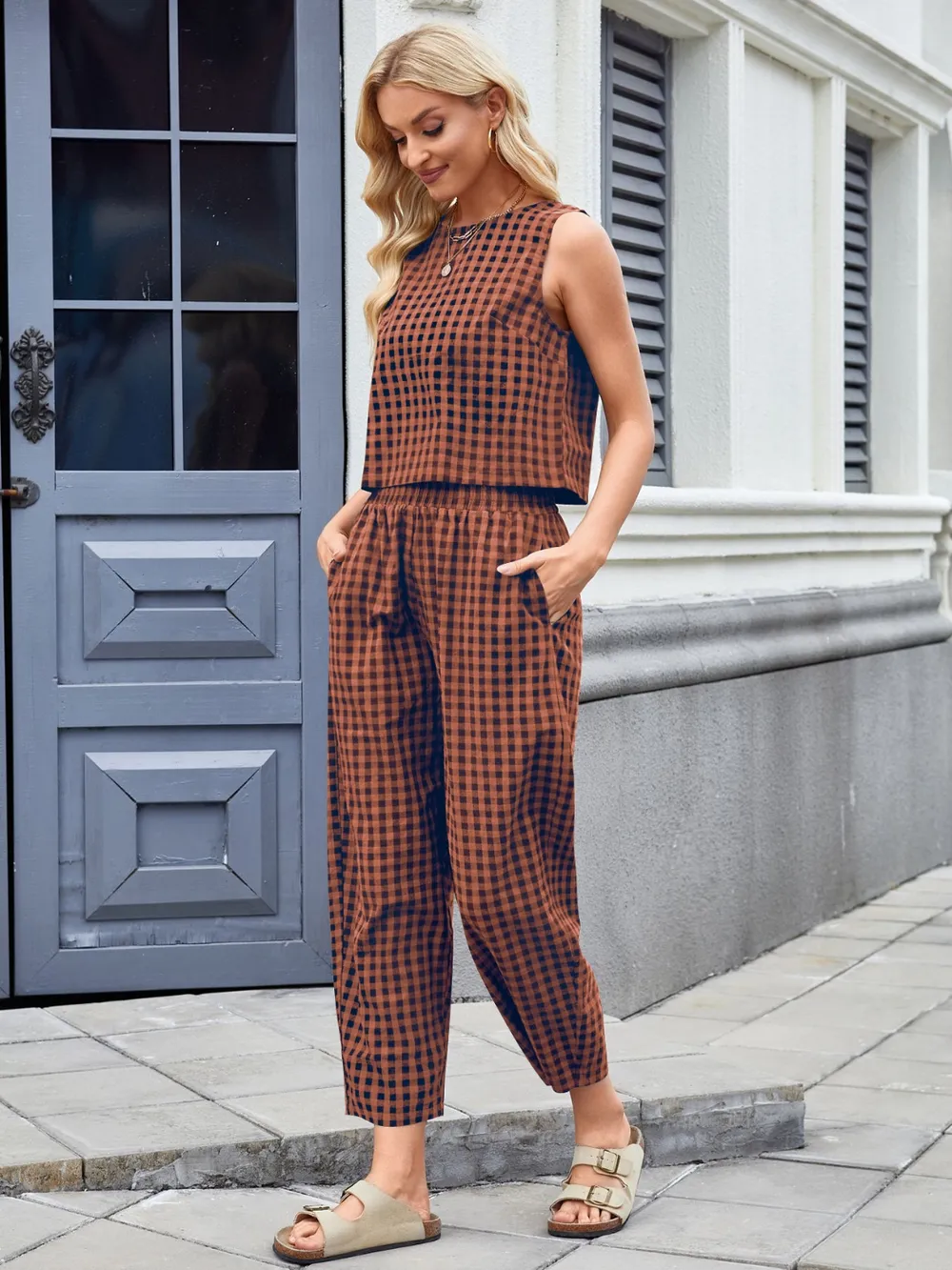 Plaid Sleeveless Top and Pants Set, image 9