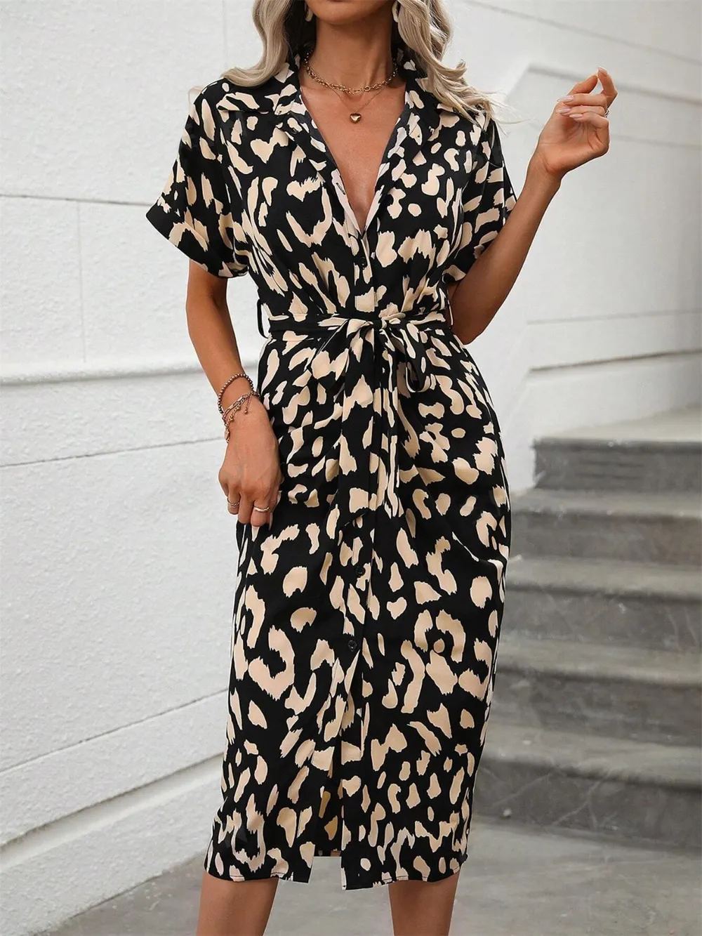 Short Sleeve Tie Waist Dress, image 4