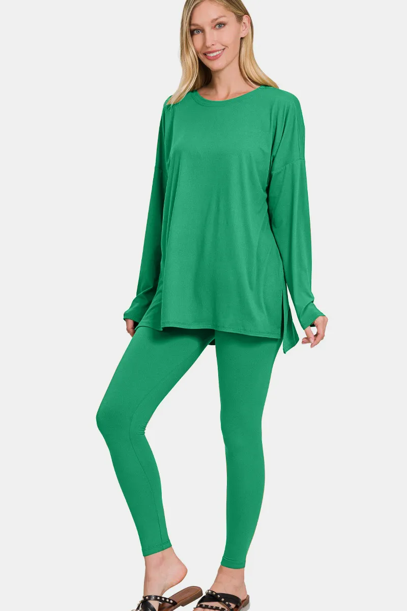 Full Size Brushed Microfiber Top and Leggings Lounge Set, image 2