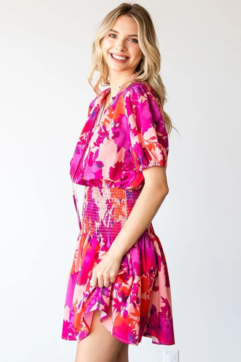 Floral Short Sleeve Smocked Mini Dress, image 4
