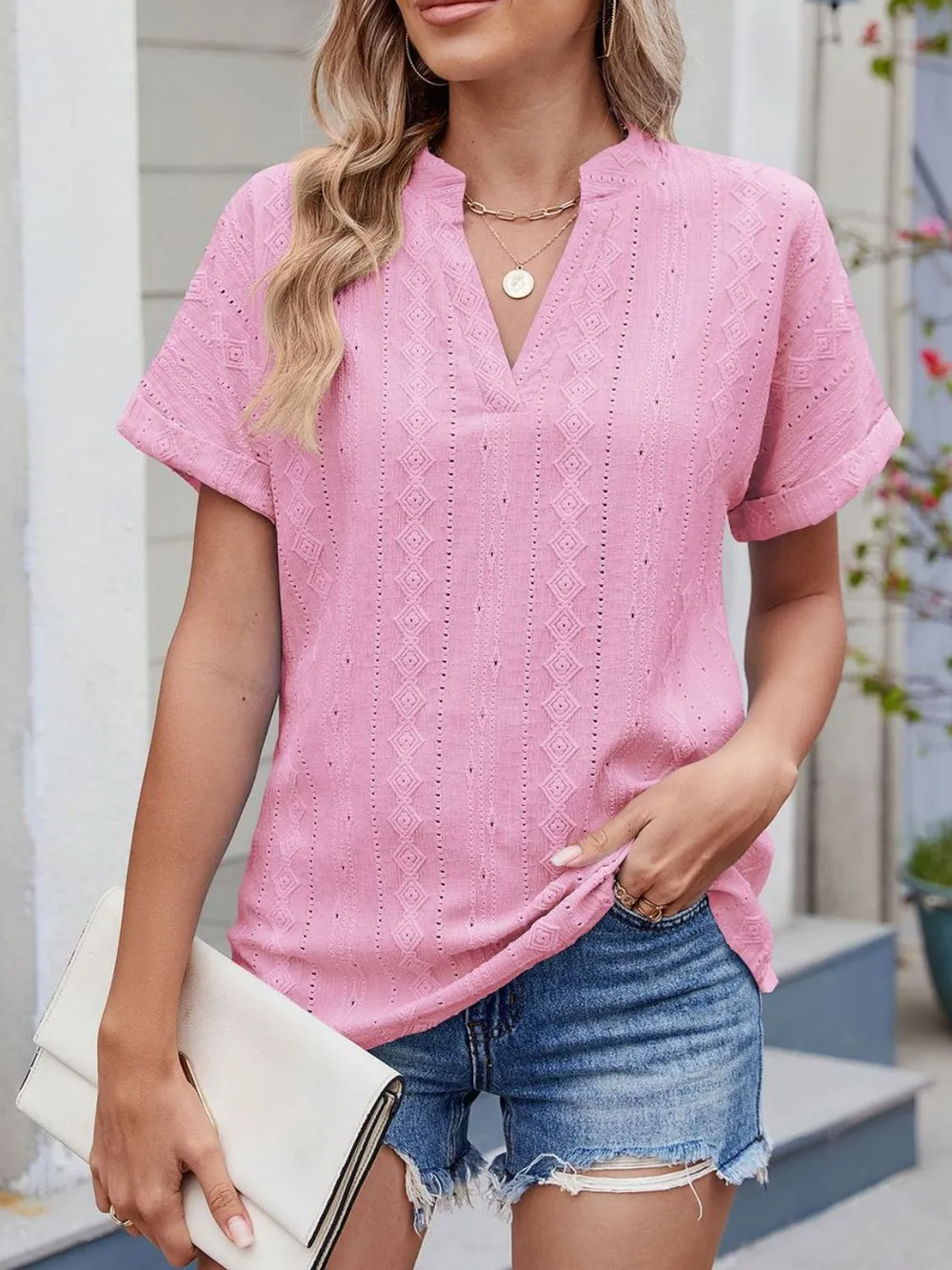 Eyelet Notched Short Sleeve Top, image 29
