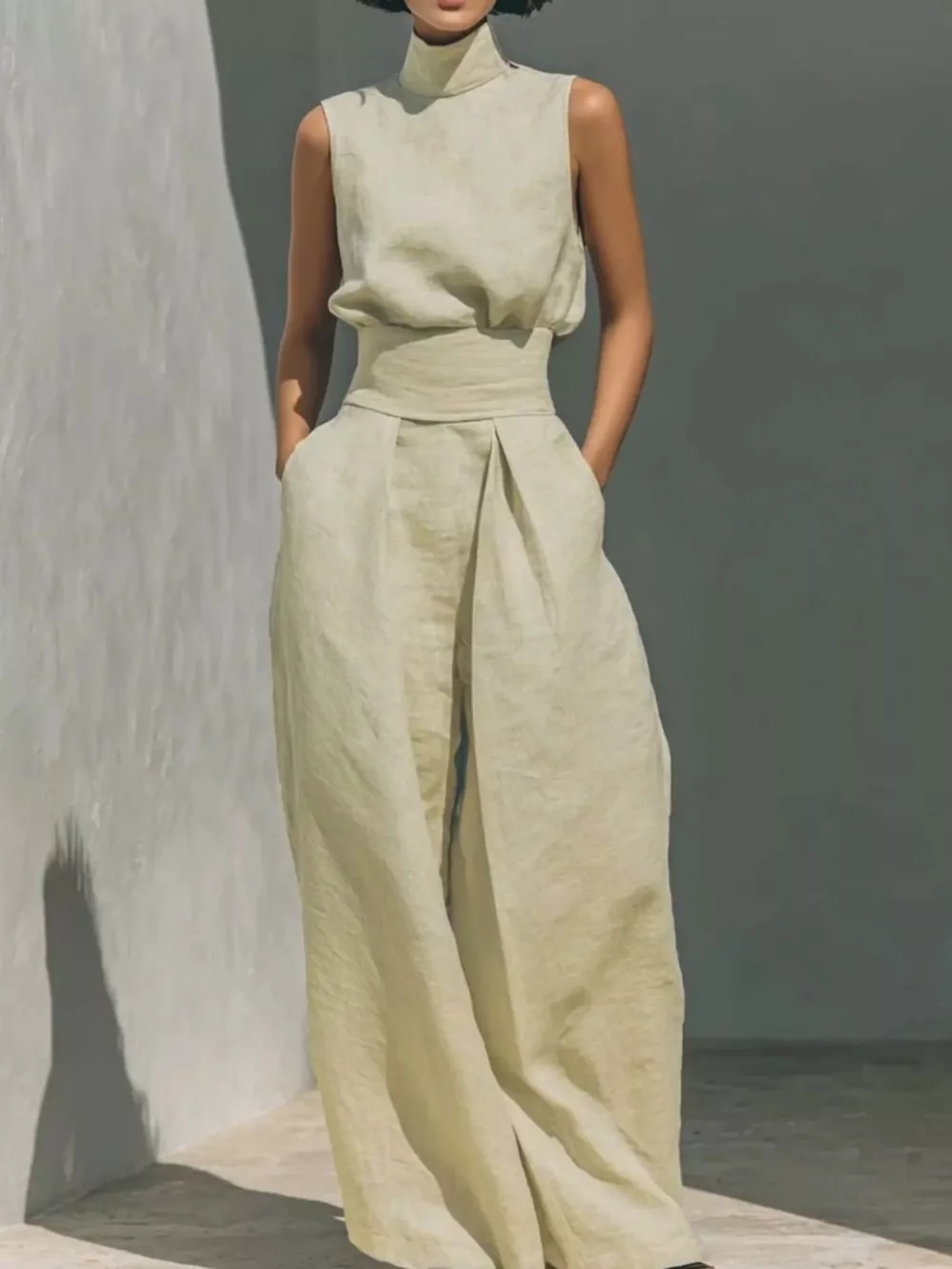Full Size Turtleneck Sleeveless Top and Wide Leg Pants Set Plus Size