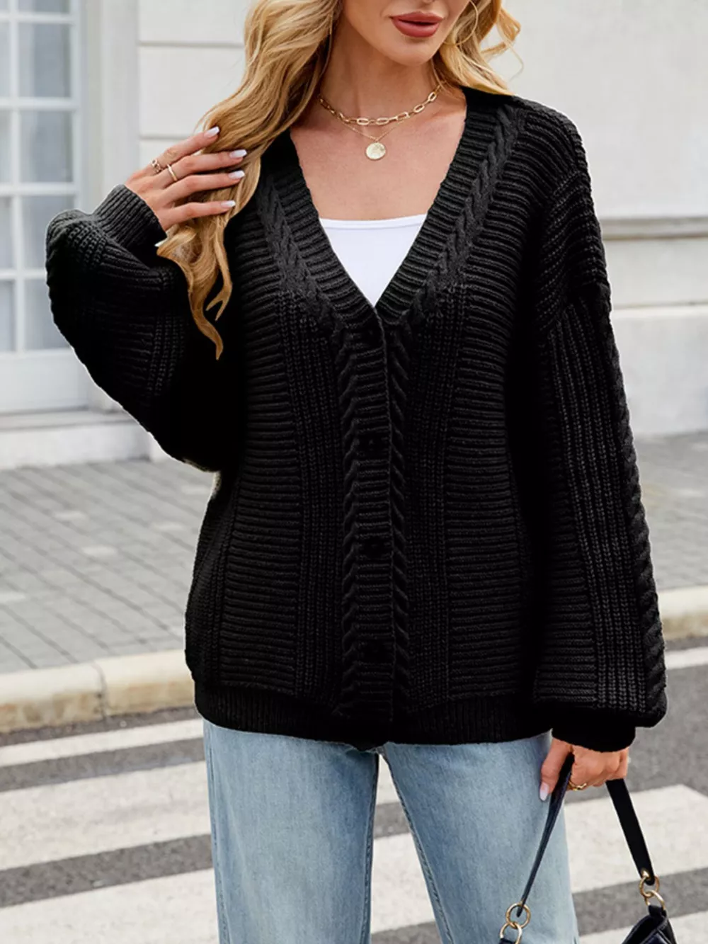 Cable Knit Button-Up Cardigan, image 8