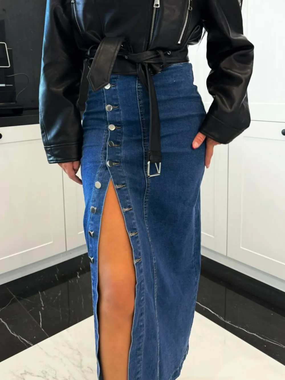 Front Button Slit Midi Denim Skirt, image 13
