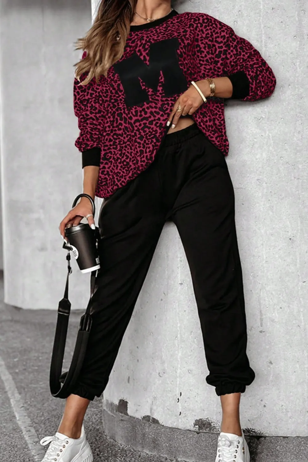 Letter M Leopard Round Neck Top and Pants Set, image 4