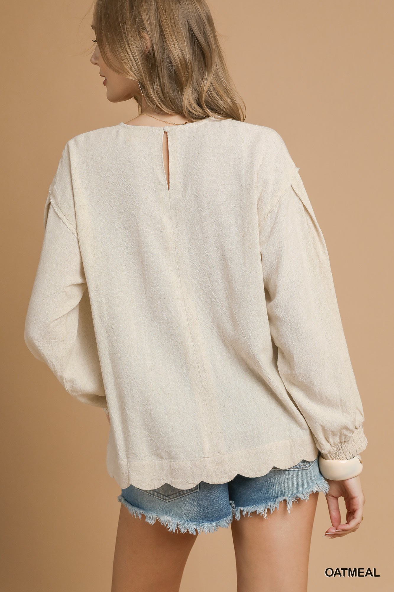Linen Scallop Hem Long Sleeve Blouse, image 3