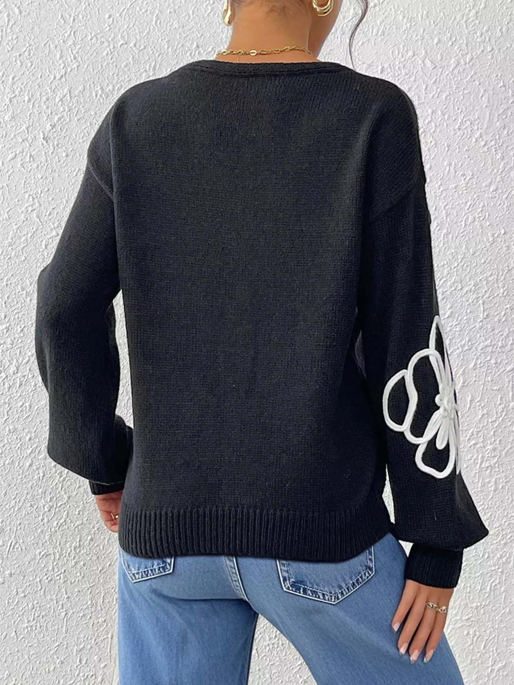 Flower V-Neck Long Sleeve Sweater, image 9