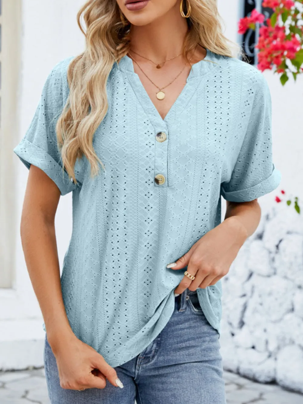 Eyelet Notched Short Sleeve Blouse, image 20