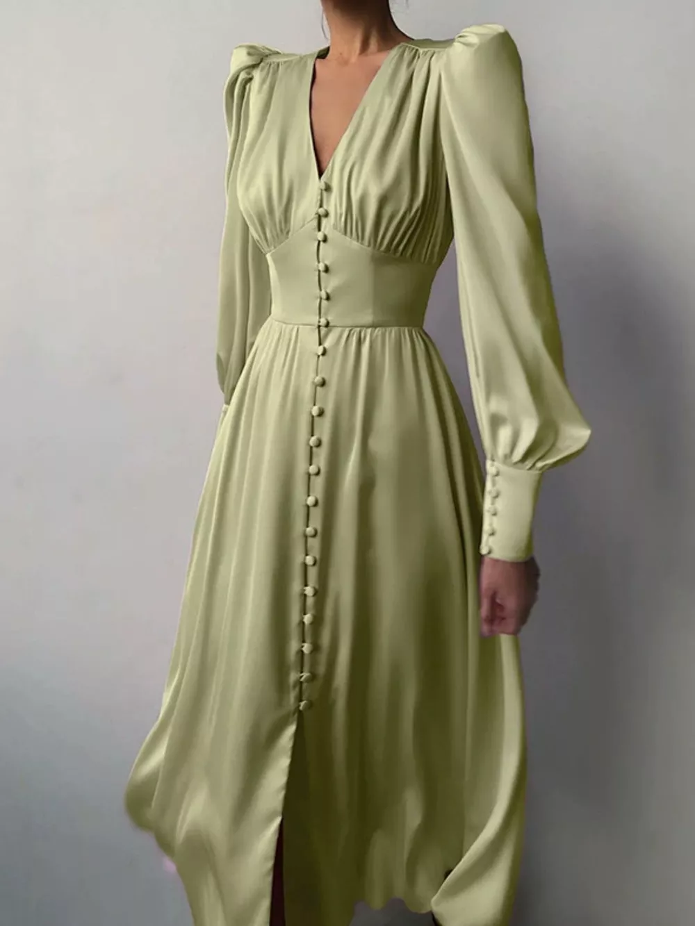 Elegant V-Neck Puff Sleeve Button-Down Midi Dress, image 16