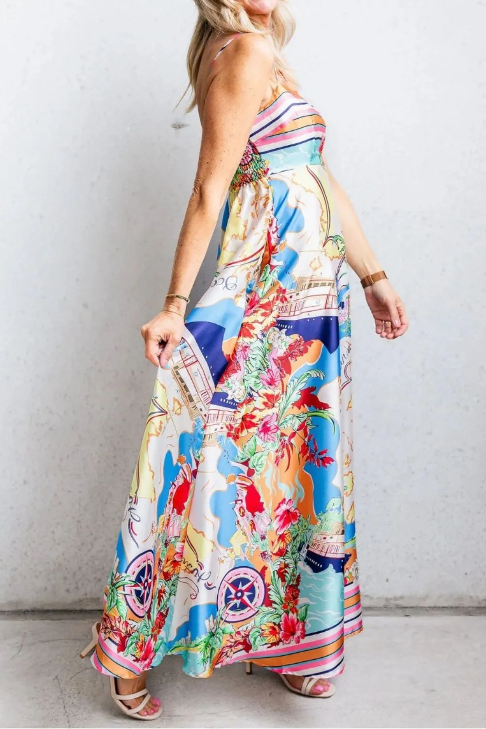 Smocked Back Printed Square Neck Maxi Cami Dress with Pockets, image 6