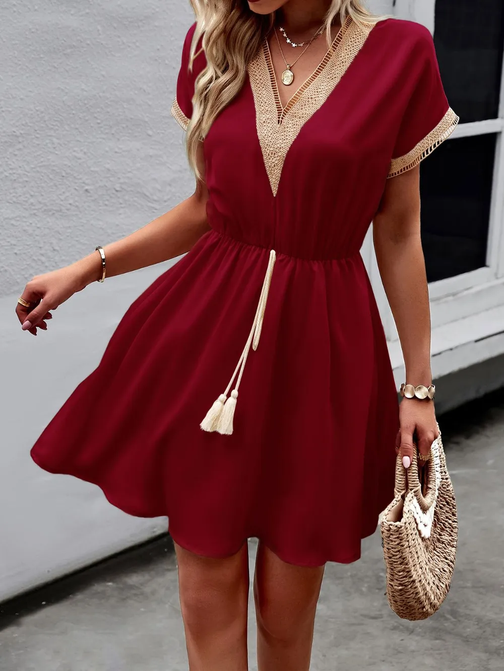 Contrast Trim V-Neck Short Sleeve Mini Dress, image 22