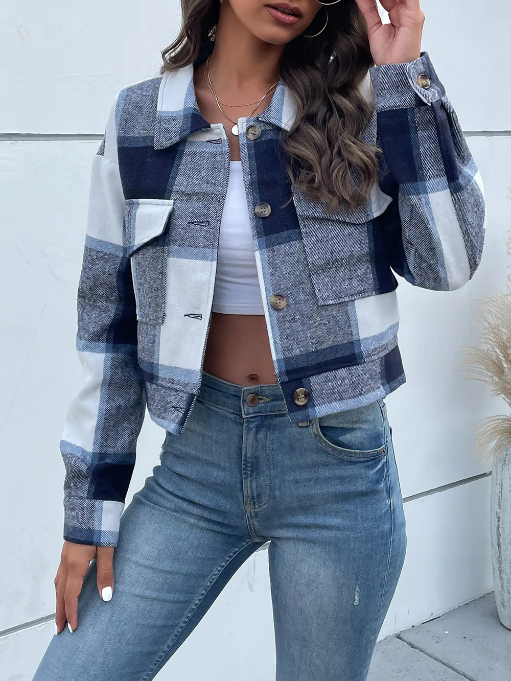 Plaid Button Up Drop Shoulder Cropped Jacket, image 27