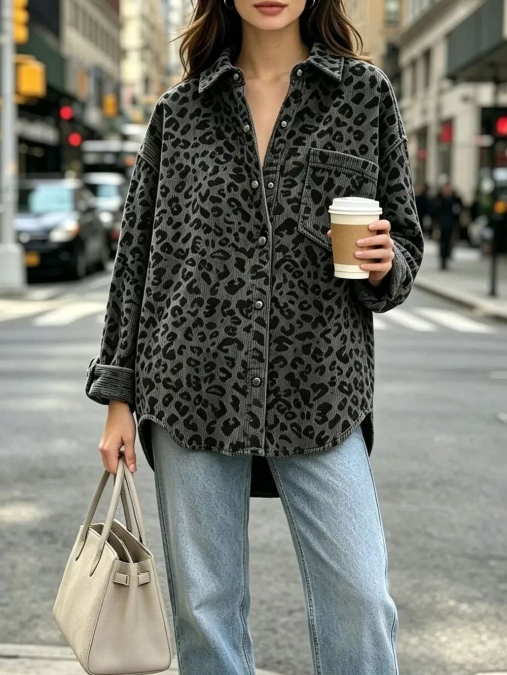 Oversized Leopard Corduroy Button-Down Shirt, image 6