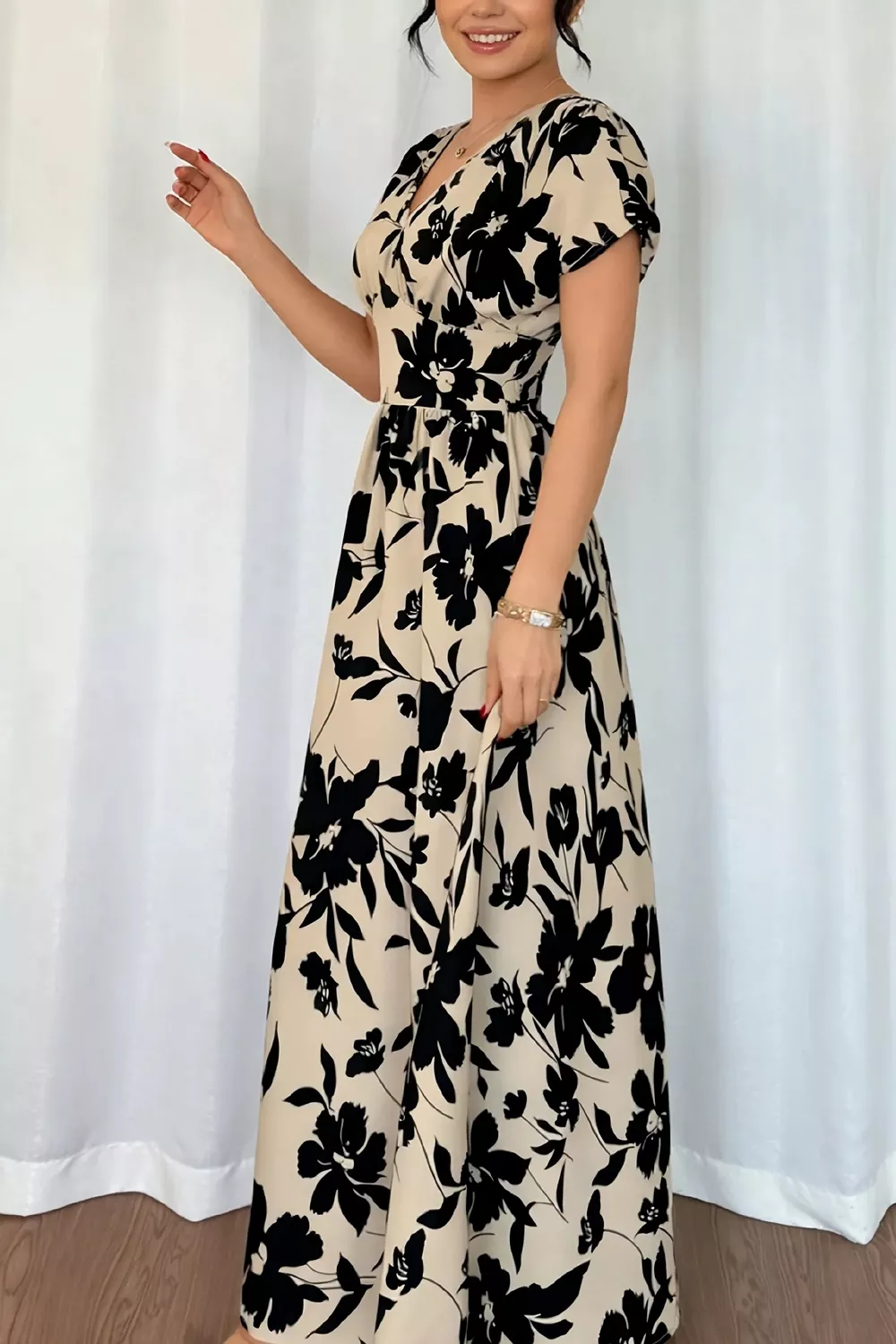 Floral Print Short Sleeve A-Line Maxi Dress, image 2