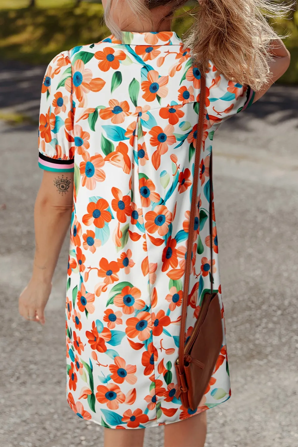 Contrast Trim Floral Split Neck Puff Short Sleeve Tiered Mini Dress, image 6