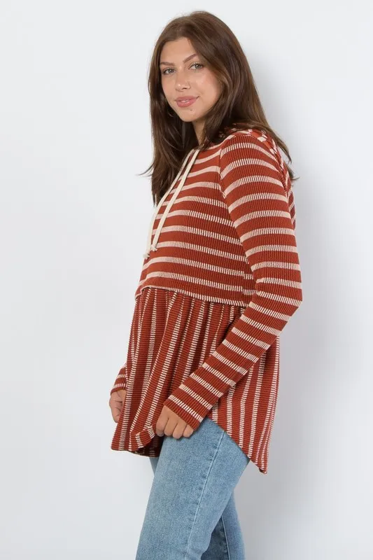 Full Size Drawstring Striped Babydoll Hoodie, image 2