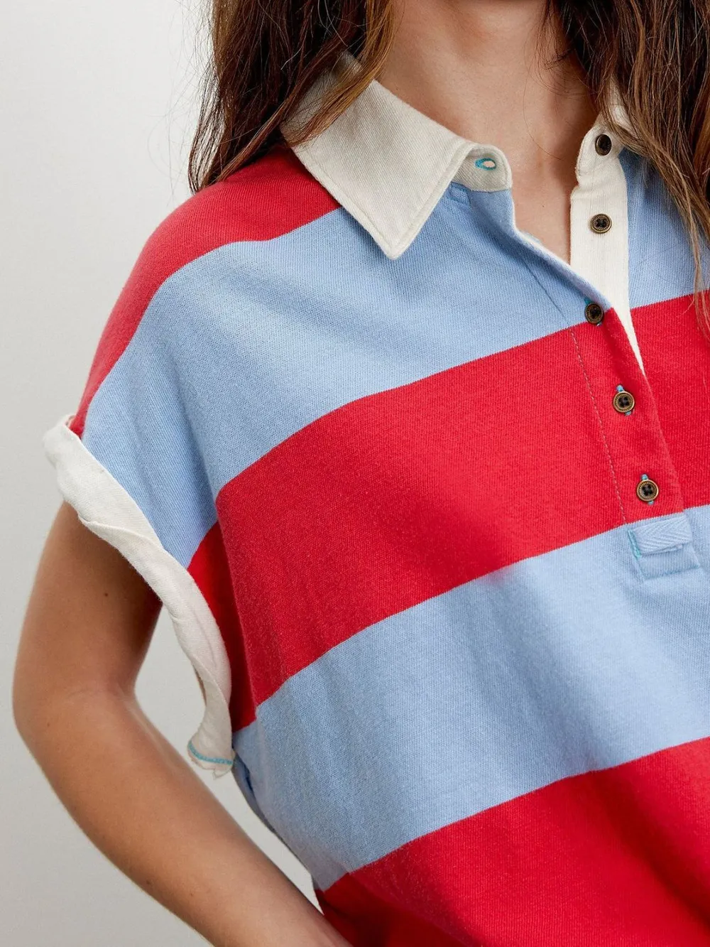 Striped Collared Neck Short Sleeve Top, image 10