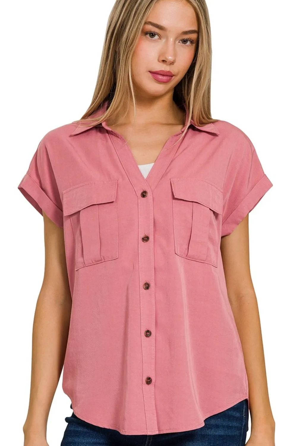 Tencel V-neck Collared Top W Front Flap Pockets