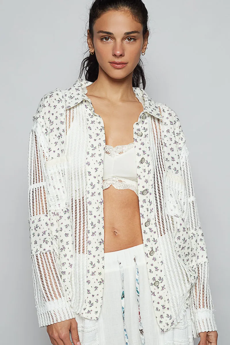 Floral Crochet Patchwork Long Sleeve Shirt, image 2